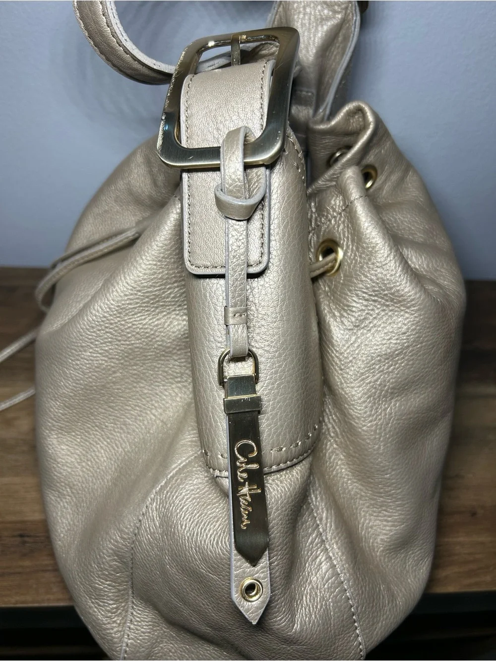 Cole Haan Metallic Taupe Drawstring Hobo Bag